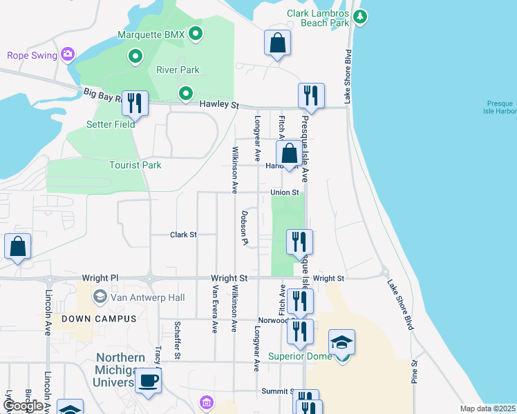 map of restaurants, bars, coffee shops, grocery stores, and more near 2022 Longyear Avenue in Marquette