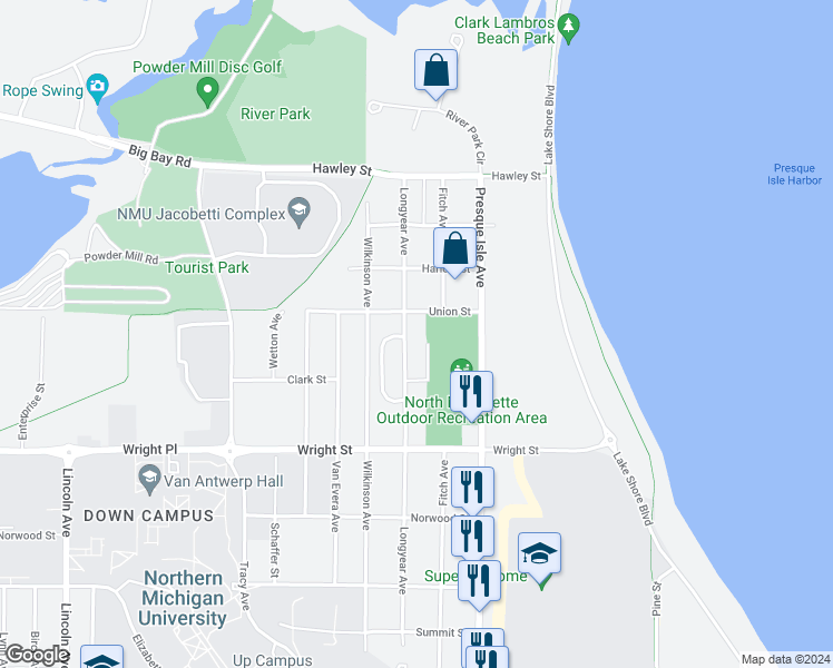 map of restaurants, bars, coffee shops, grocery stores, and more near 2022 Longyear Avenue in Marquette