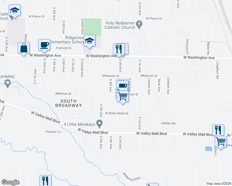 map of restaurants, bars, coffee shops, grocery stores, and more near 303 Whitman Street in Union Gap