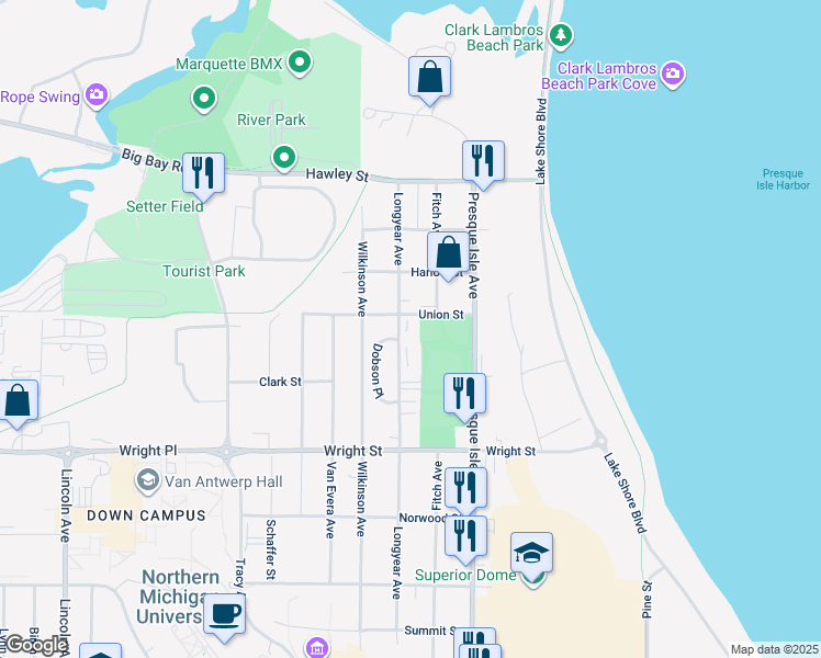 map of restaurants, bars, coffee shops, grocery stores, and more near 2022 Longyear Avenue in Marquette