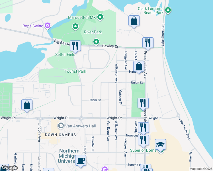 map of restaurants, bars, coffee shops, grocery stores, and more near 2085 Van Evera Avenue in Marquette