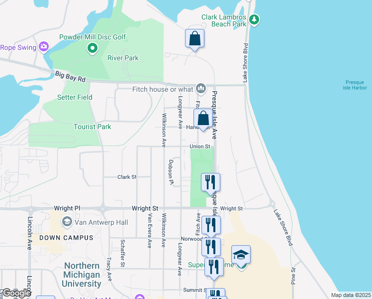 map of restaurants, bars, coffee shops, grocery stores, and more near 2022 Longyear Avenue in Marquette