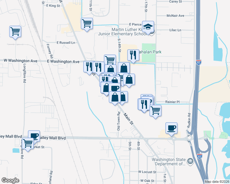 map of restaurants, bars, coffee shops, grocery stores, and more near 2401 South 1st Street in Yakima