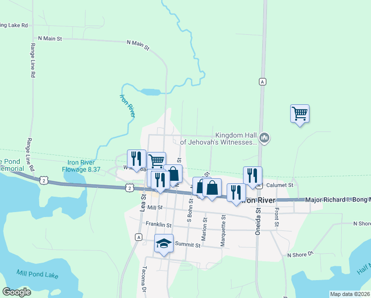 map of restaurants, bars, coffee shops, grocery stores, and more near 68520 North George Street in Iron River