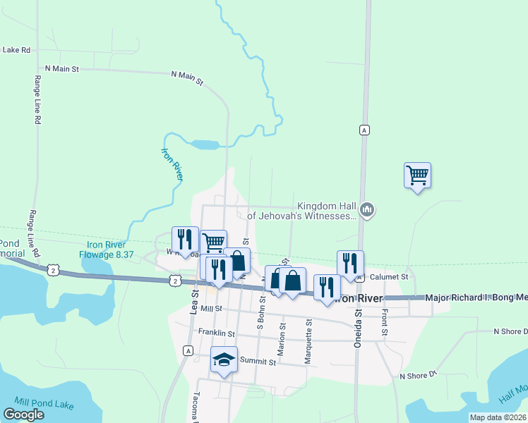 map of restaurants, bars, coffee shops, grocery stores, and more near 68520 North George Street in Iron River