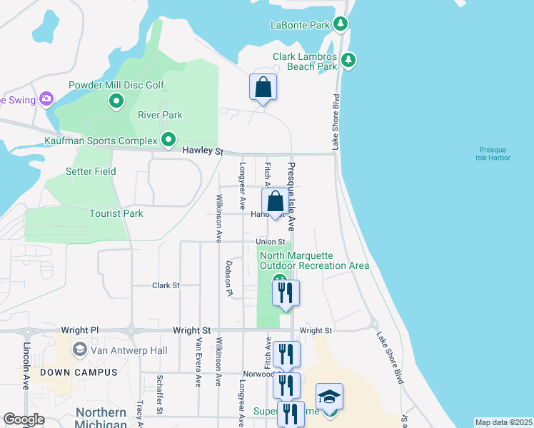 map of restaurants, bars, coffee shops, grocery stores, and more near 400 Harlow Street in Marquette