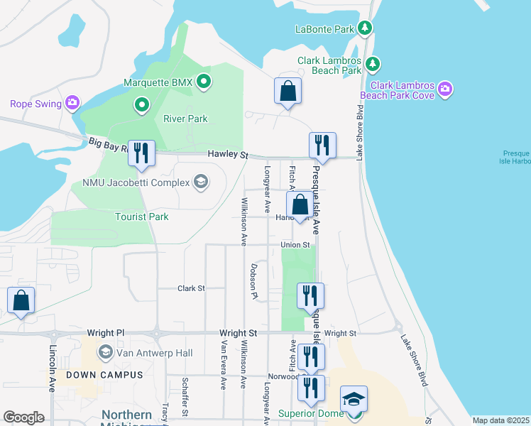 map of restaurants, bars, coffee shops, grocery stores, and more near 500 Harlow Street in Marquette