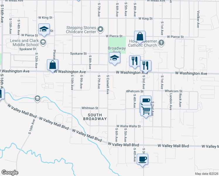 map of restaurants, bars, coffee shops, grocery stores, and more near 1931 Cornell Avenue in Yakima