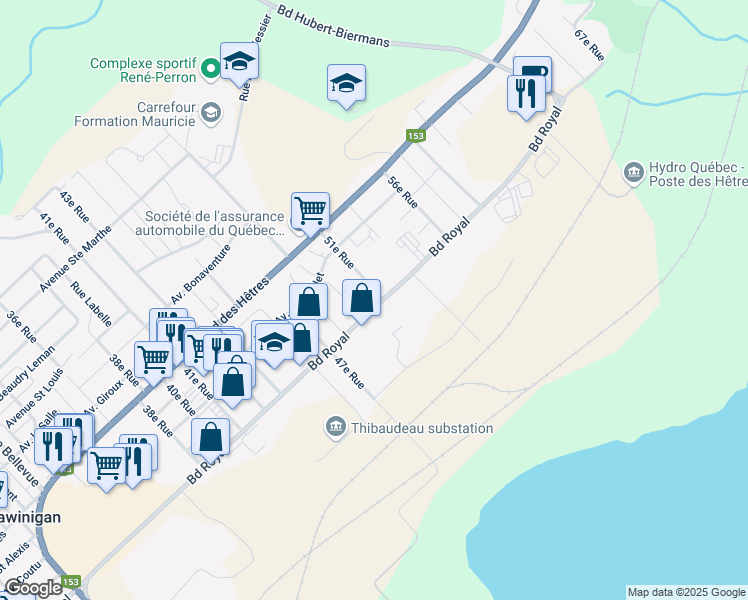 map of restaurants, bars, coffee shops, grocery stores, and more near 5073 Boulevard Royal in Shawinigan