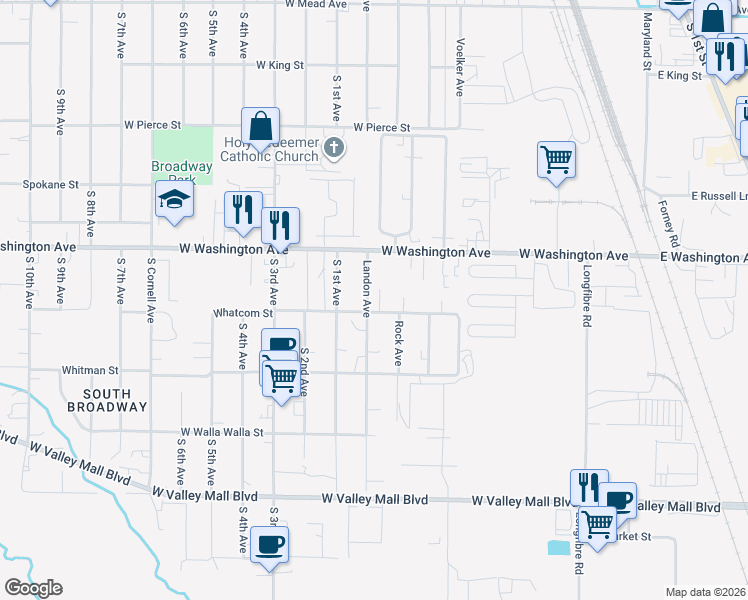 map of restaurants, bars, coffee shops, grocery stores, and more near 1919 Landon Ave in Yakima