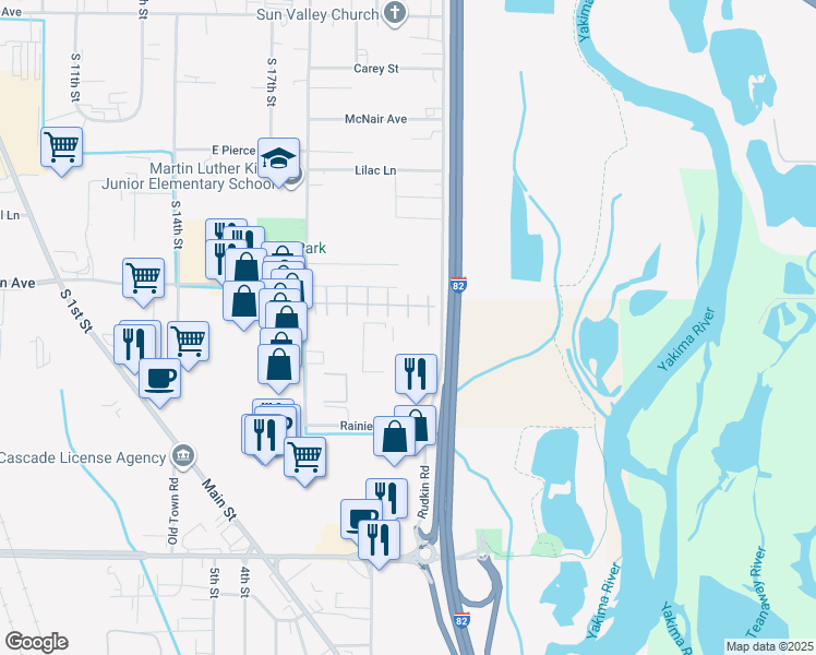 map of restaurants, bars, coffee shops, grocery stores, and more near 2310 Rudkin Road in Union Gap