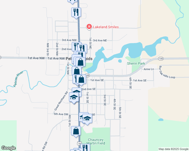 map of restaurants, bars, coffee shops, grocery stores, and more near 215 East Mill in Pelican Rapids