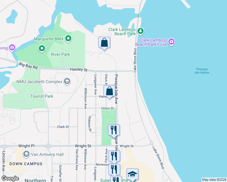 map of restaurants, bars, coffee shops, grocery stores, and more near 2200-2298 Presque Isle Avenue in Marquette