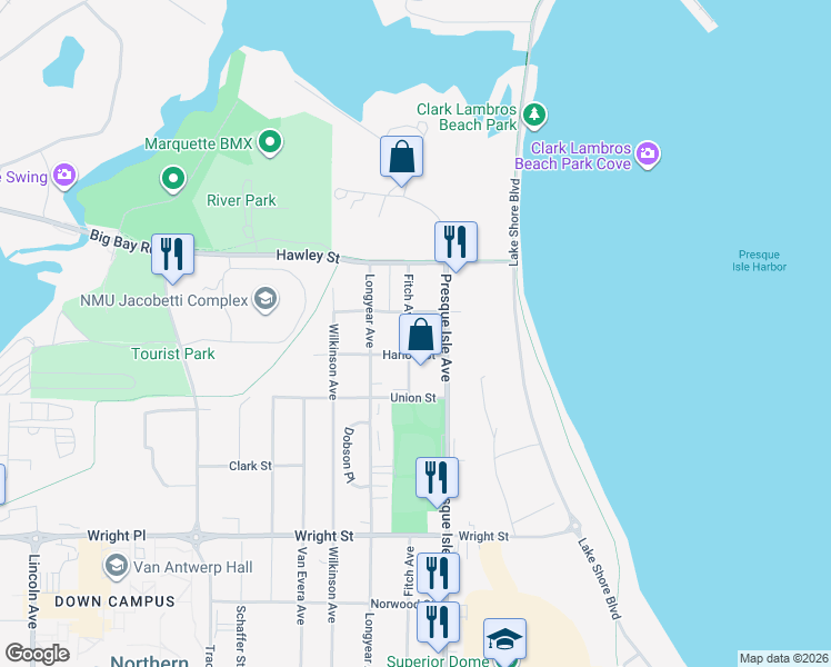 map of restaurants, bars, coffee shops, grocery stores, and more near 400 Harlow Street in Marquette