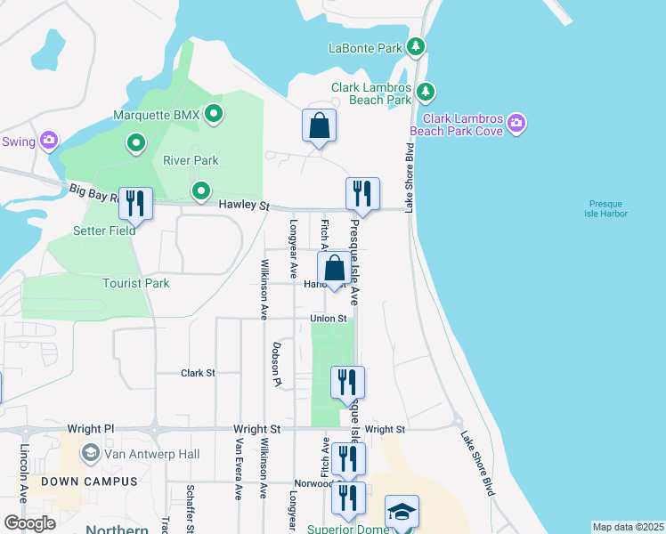 map of restaurants, bars, coffee shops, grocery stores, and more near 400 Harlow Street in Marquette