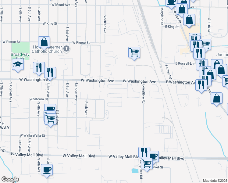 map of restaurants, bars, coffee shops, grocery stores, and more near 18 West Washington Avenue in Yakima