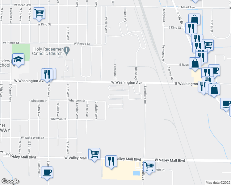 map of restaurants, bars, coffee shops, grocery stores, and more near 18 West Washington Avenue in Yakima
