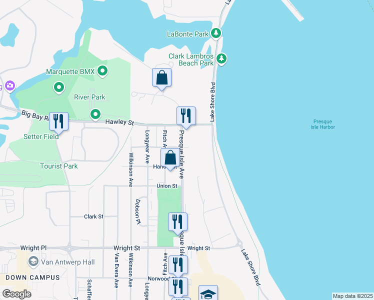 map of restaurants, bars, coffee shops, grocery stores, and more near 2308 Presque Isle Avenue in Marquette