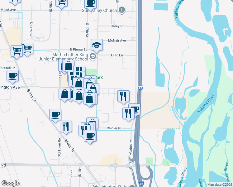 map of restaurants, bars, coffee shops, grocery stores, and more near 2205 S 18th St in Union Gap