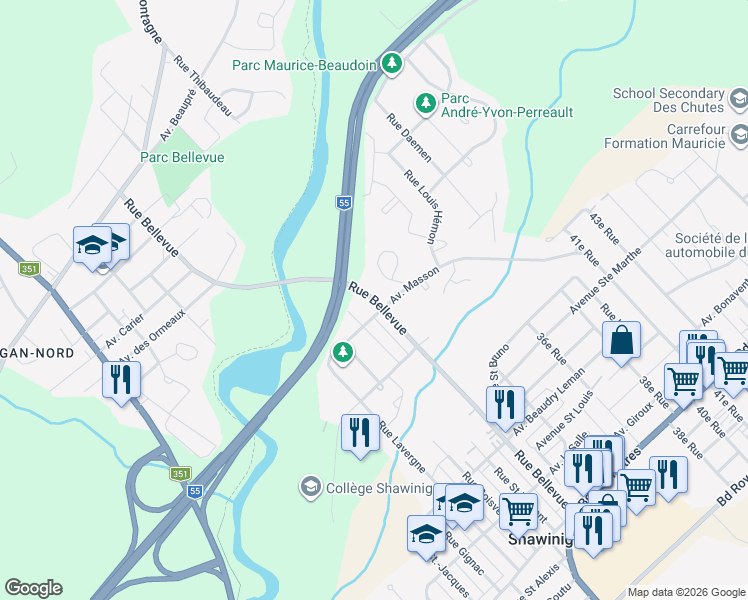 map of restaurants, bars, coffee shops, grocery stores, and more near Rue Bellevue in Shawinigan