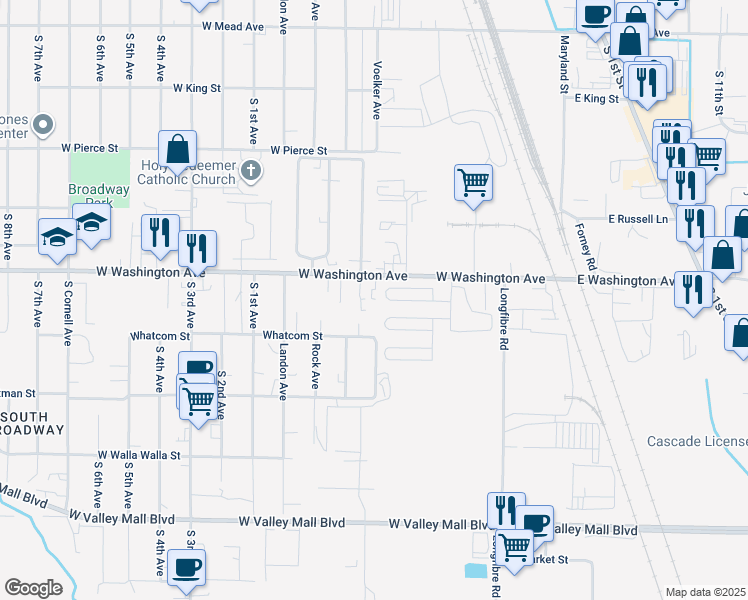 map of restaurants, bars, coffee shops, grocery stores, and more near 20-28 W Washington Ave in Yakima