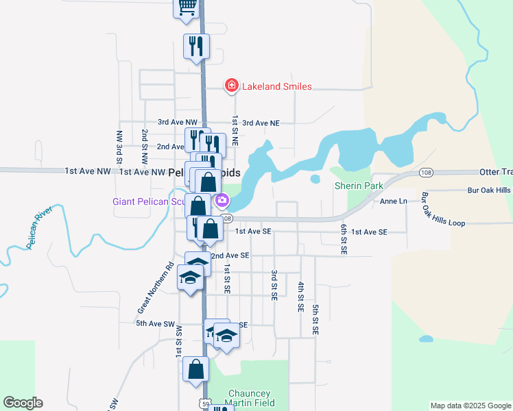 map of restaurants, bars, coffee shops, grocery stores, and more near 215 East Mill in Pelican Rapids