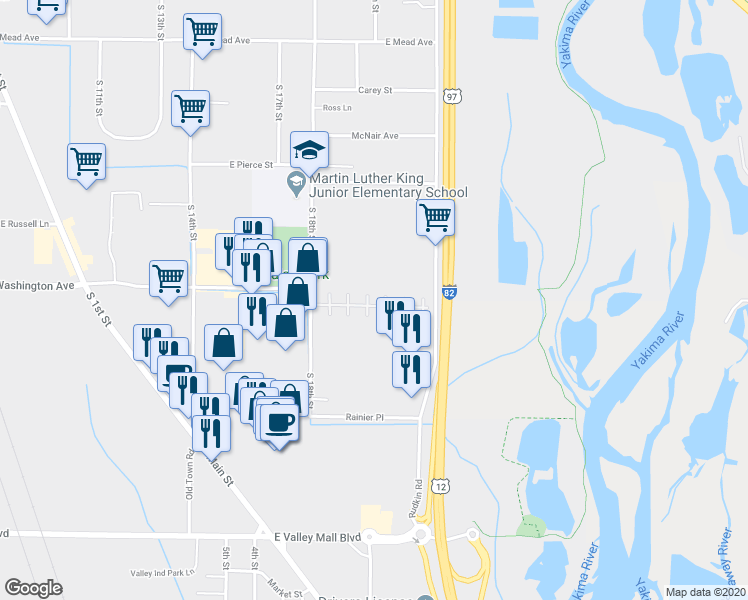 map of restaurants, bars, coffee shops, grocery stores, and more near 2205 South 18th Street in Union Gap