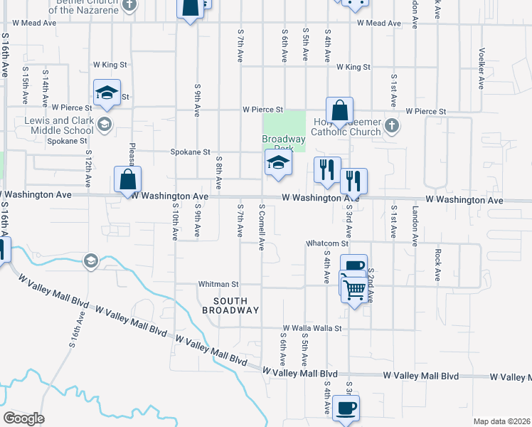 map of restaurants, bars, coffee shops, grocery stores, and more near 525 Saint Thomas Street in Yakima