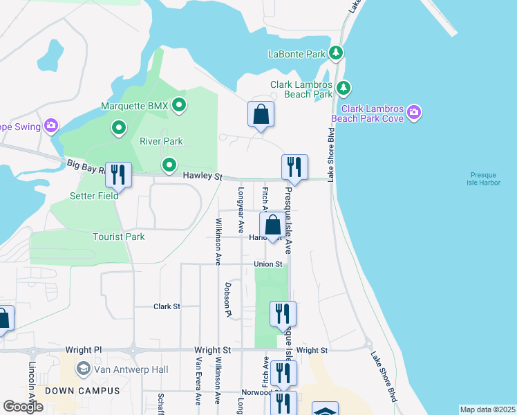 map of restaurants, bars, coffee shops, grocery stores, and more near 2300-2398 Fitch Ave in Marquette Township