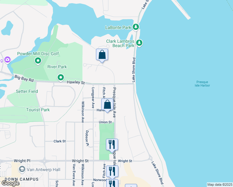 map of restaurants, bars, coffee shops, grocery stores, and more near 2308 Presque Isle Avenue in Marquette