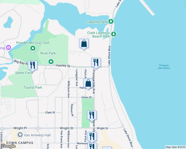 map of restaurants, bars, coffee shops, grocery stores, and more near 2308 Presque Isle Avenue in Marquette