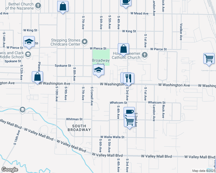 map of restaurants, bars, coffee shops, grocery stores, and more near 502 West Washington Avenue in Yakima