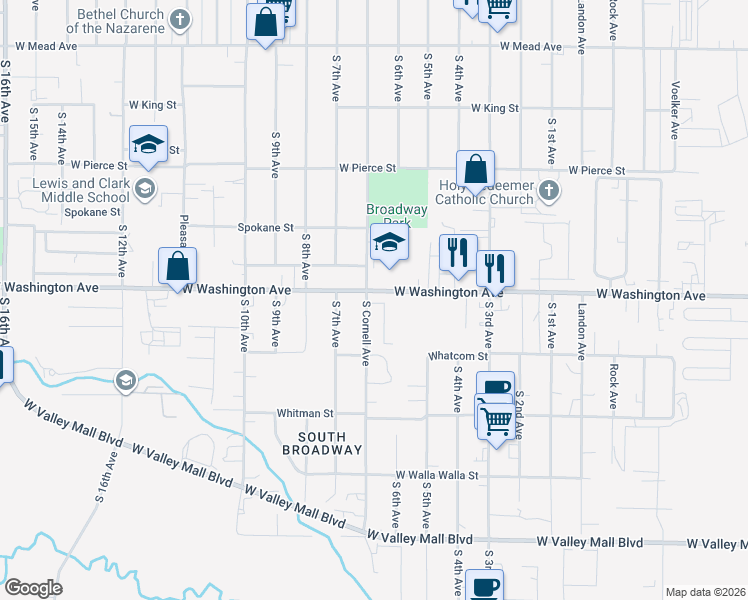 map of restaurants, bars, coffee shops, grocery stores, and more near 525 Saint Thomas Street in Yakima