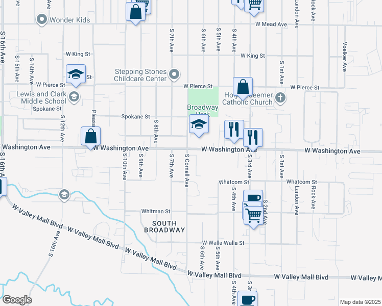 map of restaurants, bars, coffee shops, grocery stores, and more near 525 Saint Thomas Street in Yakima