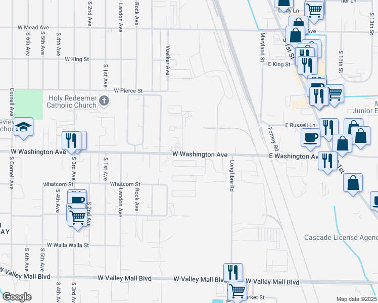 map of restaurants, bars, coffee shops, grocery stores, and more near 21 West Washington Avenue in Yakima