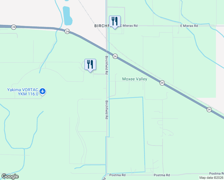 map of restaurants, bars, coffee shops, grocery stores, and more near 2111 Birchfield Road in Yakima