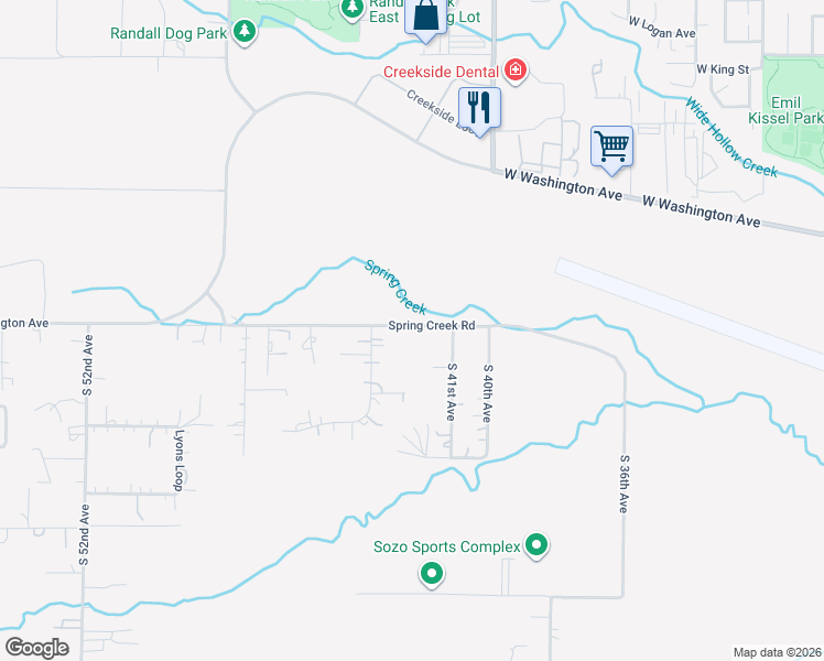 map of restaurants, bars, coffee shops, grocery stores, and more near 4106 Spring Creek Road in Yakima