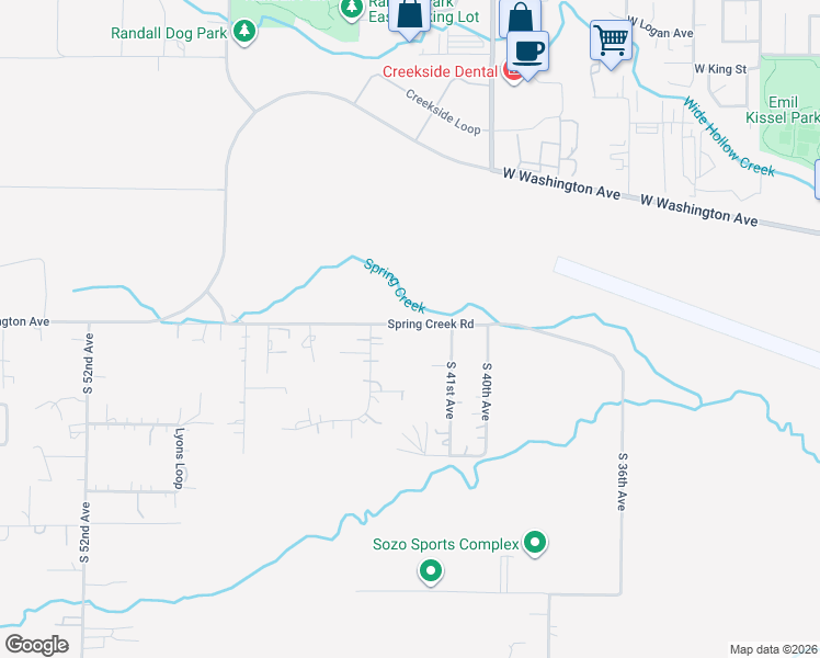 map of restaurants, bars, coffee shops, grocery stores, and more near 4106 Spring Creek Road in Yakima