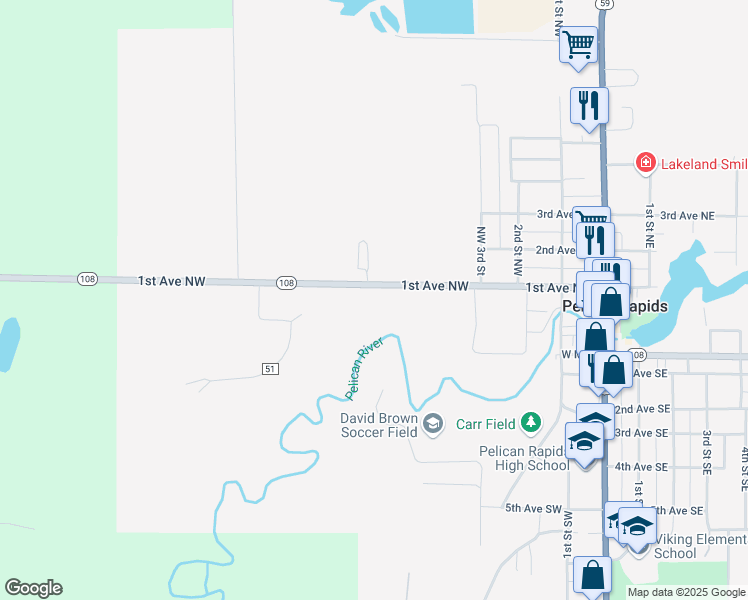 map of restaurants, bars, coffee shops, grocery stores, and more near 424 1st Avenue Northwest in Pelican Rapids