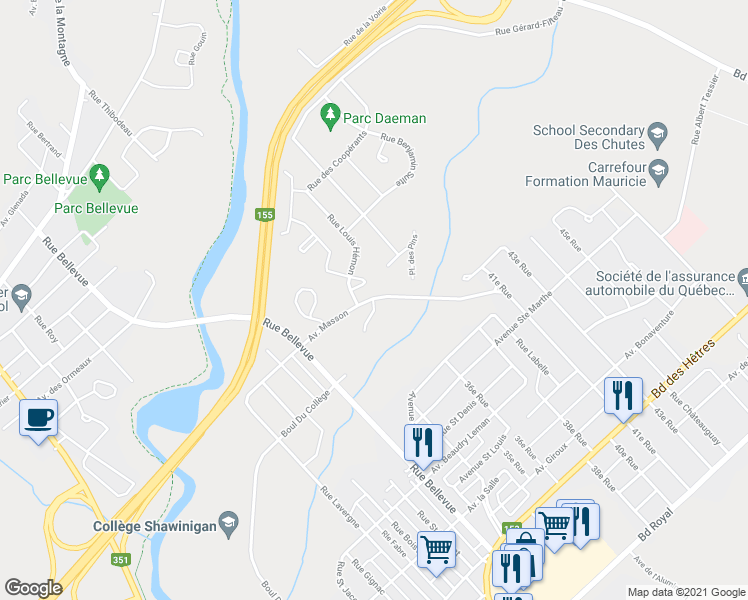 map of restaurants, bars, coffee shops, grocery stores, and more near 3900 Masson Square in Shawinigan