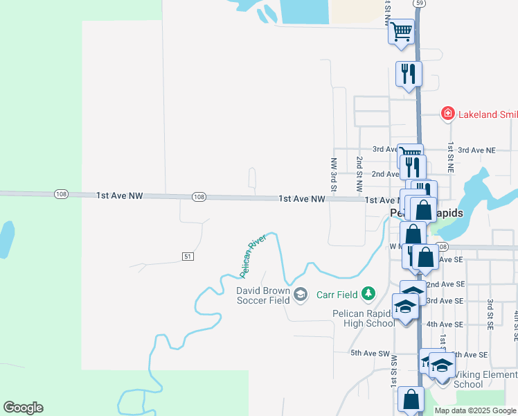 map of restaurants, bars, coffee shops, grocery stores, and more near 424 1st Avenue Northwest in Pelican Rapids