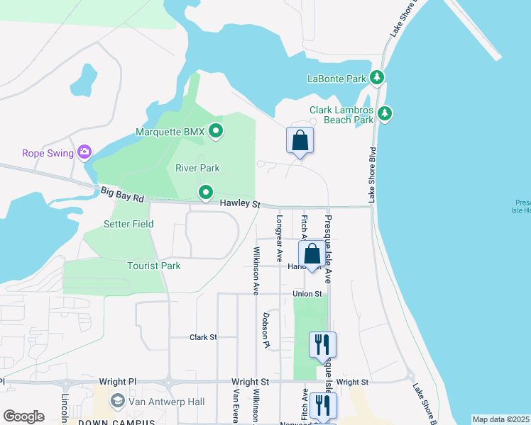 map of restaurants, bars, coffee shops, grocery stores, and more near 517 Hawley Street in Marquette