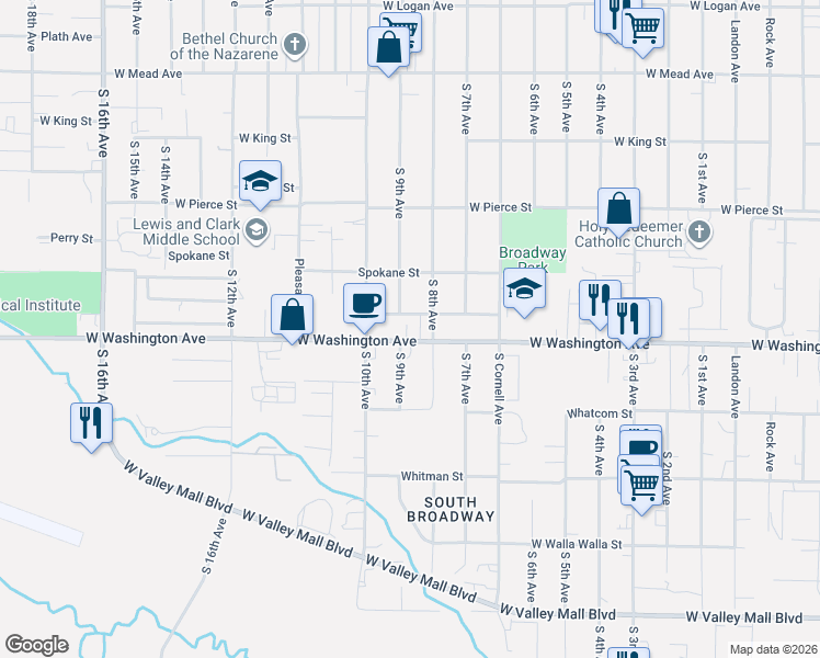 map of restaurants, bars, coffee shops, grocery stores, and more near 1910 South 9th Avenue in Union Gap