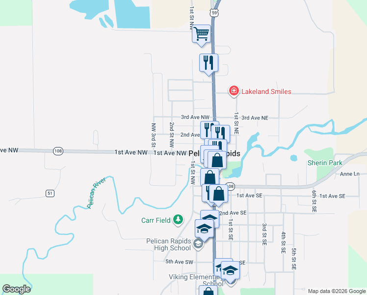 map of restaurants, bars, coffee shops, grocery stores, and more near 112 1st Street Northeast in Pelican Rapids