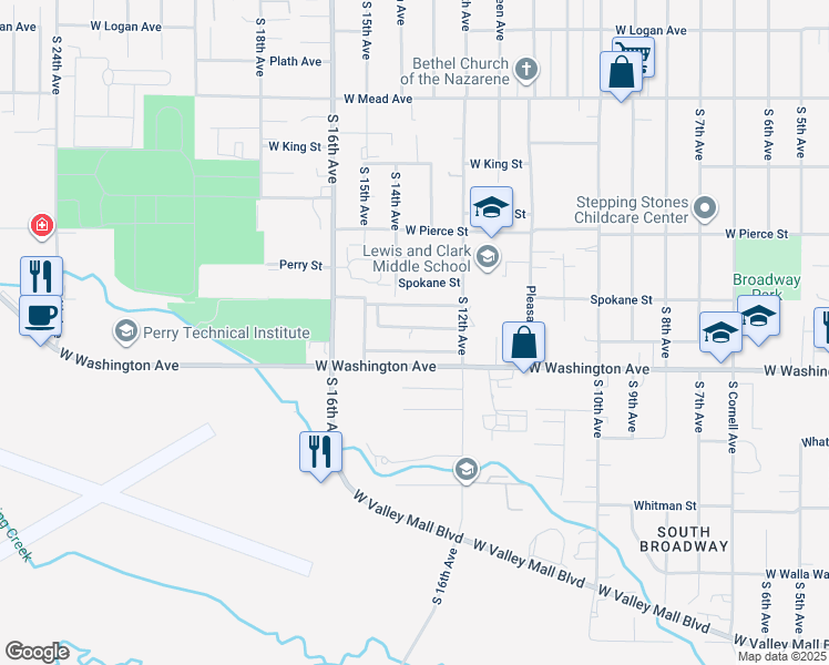 map of restaurants, bars, coffee shops, grocery stores, and more near 1201 West Washington Avenue in Yakima