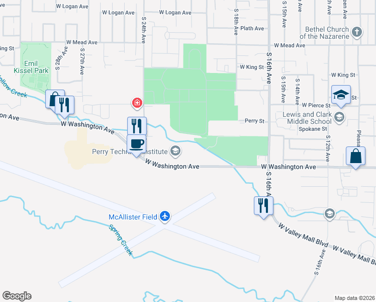 map of restaurants, bars, coffee shops, grocery stores, and more near 2011 West Washington Avenue in Yakima