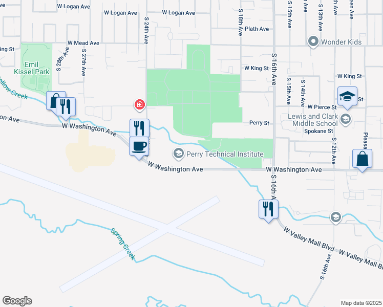 map of restaurants, bars, coffee shops, grocery stores, and more near 2011 West Washington Avenue in Yakima