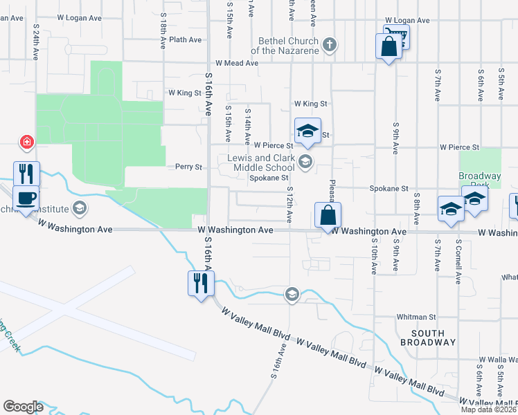 map of restaurants, bars, coffee shops, grocery stores, and more near 1201 West Washington Avenue in Yakima