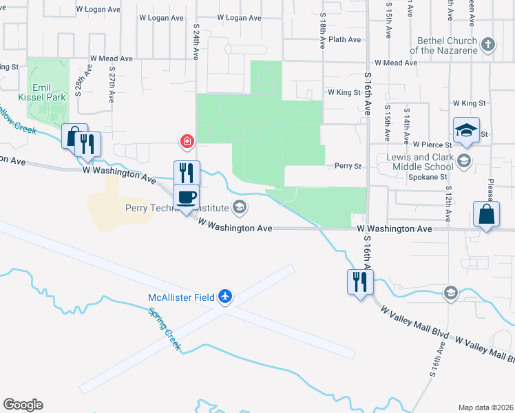map of restaurants, bars, coffee shops, grocery stores, and more near 2011 West Washington Avenue in Yakima