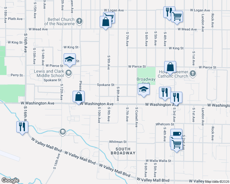 map of restaurants, bars, coffee shops, grocery stores, and more near 1810 South 8th Avenue in Yakima